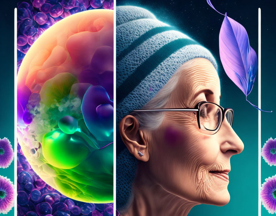 Abstract digital artwork of elderly woman with colorful brain-like sphere