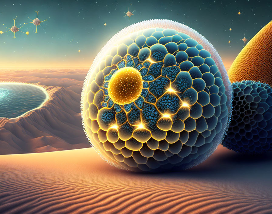 Surreal landscape digital artwork with glowing orb structure and alien sky
