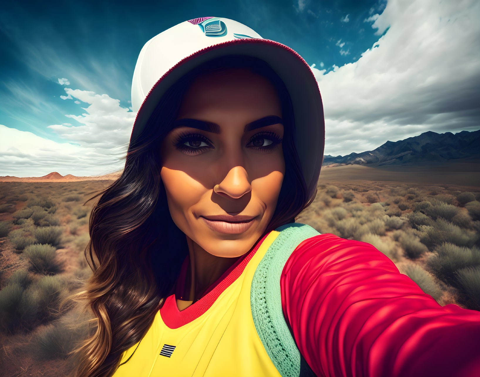 Smiling woman in cap takes selfie in desert landscape