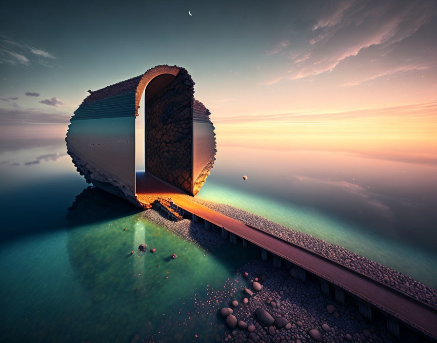 Surreal image of giant book arch over tranquil sea at dusk