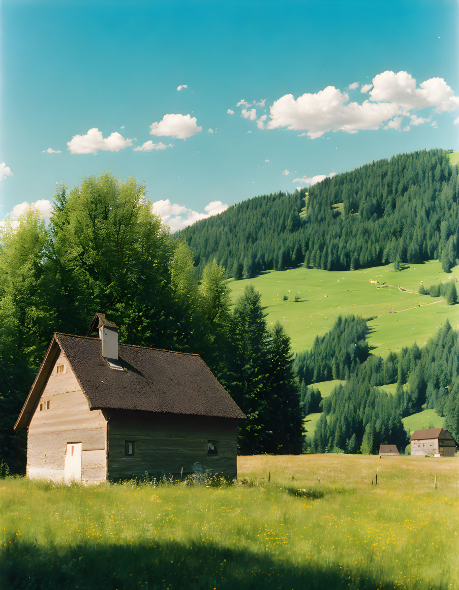 Wooden house with steep roof in lush green meadow and forested hills under cloudy sky