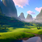 Misty green valleys and towering rounded mountains under clear sky