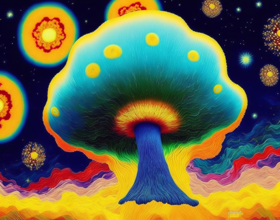 Colorful psychedelic mushroom illustration with gradient colors and patterned skies.