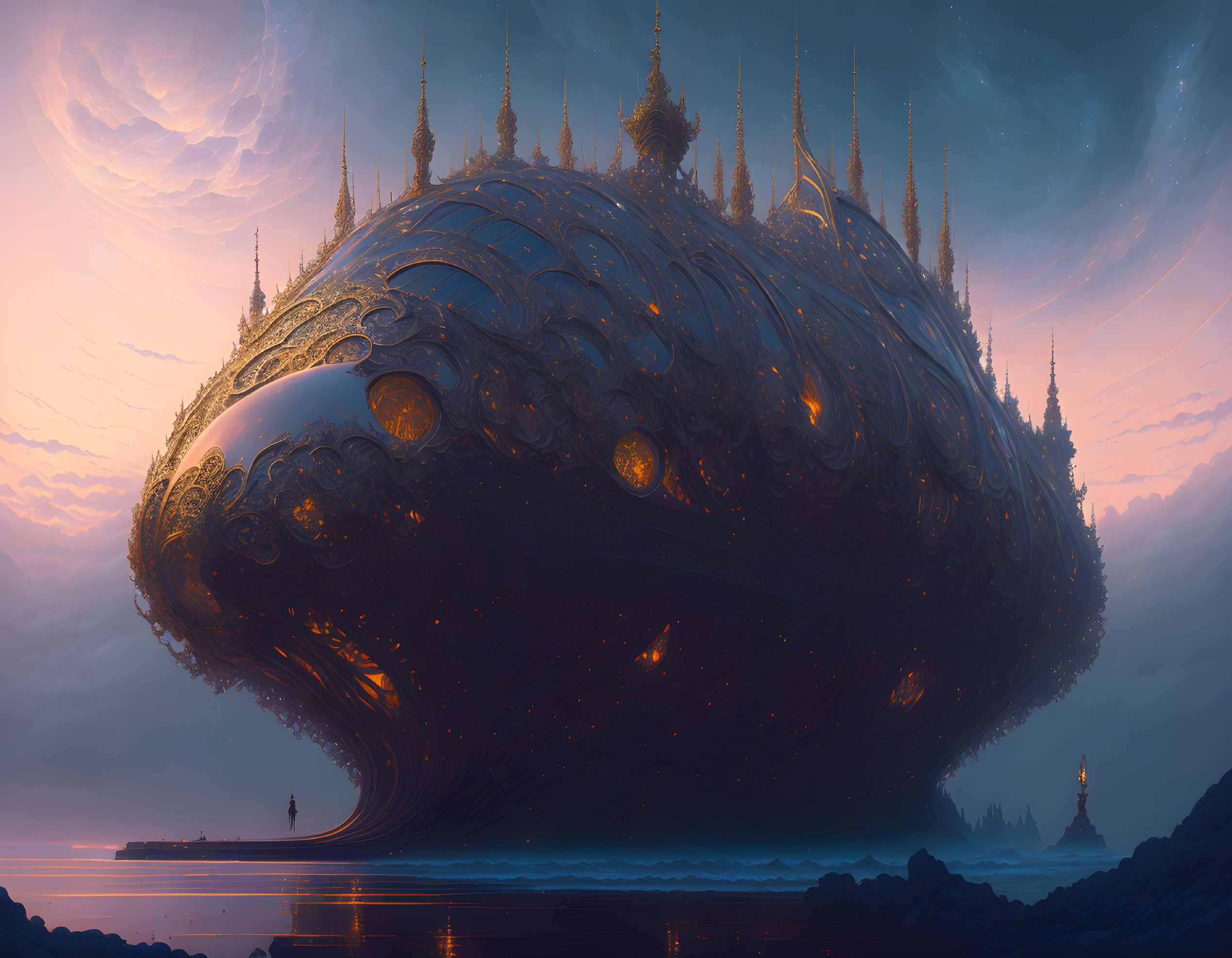Fantastical art of giant ornate airship floating above tranquil sea at dusk