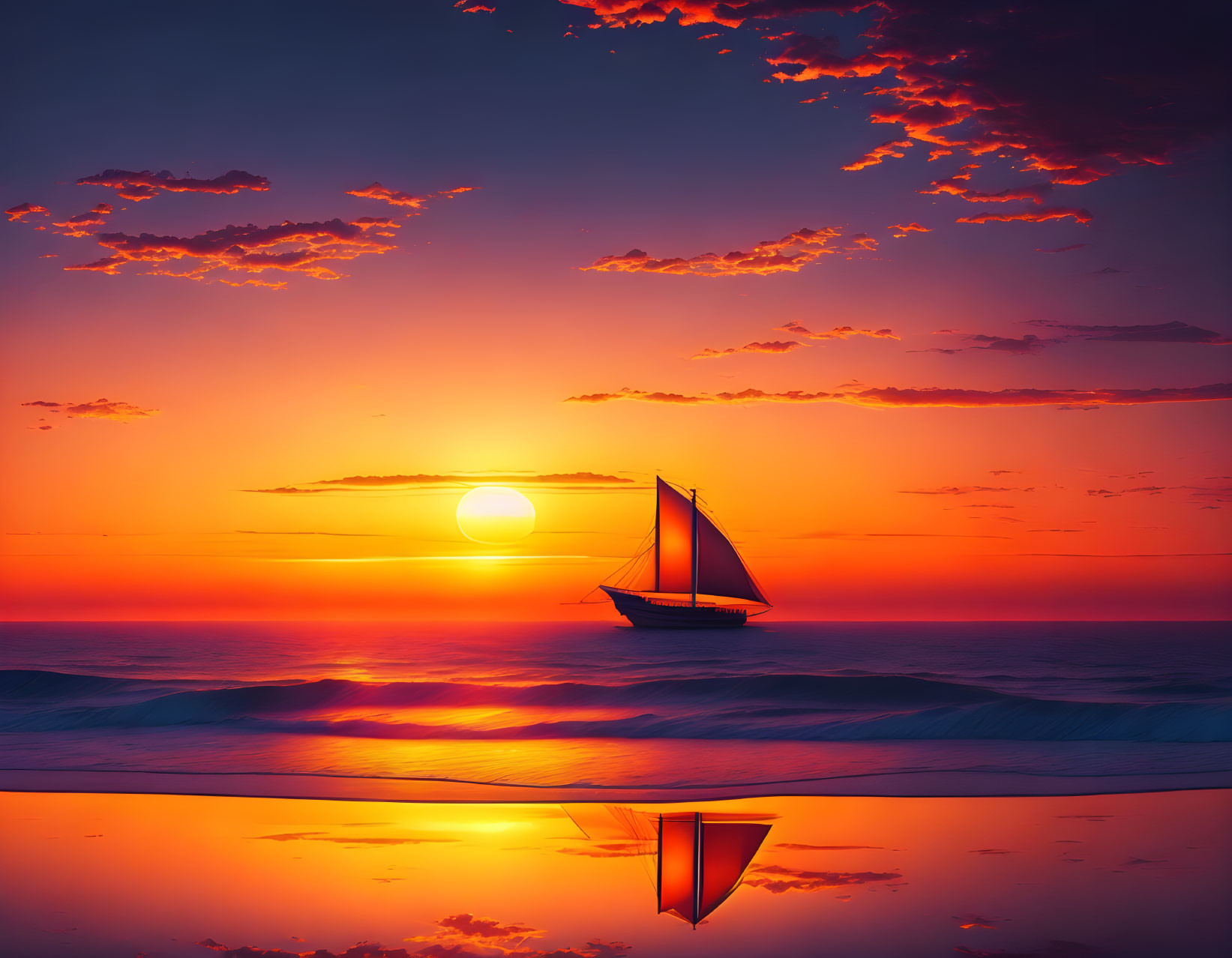 Sailboat silhouette at vibrant sunset over tranquil sea