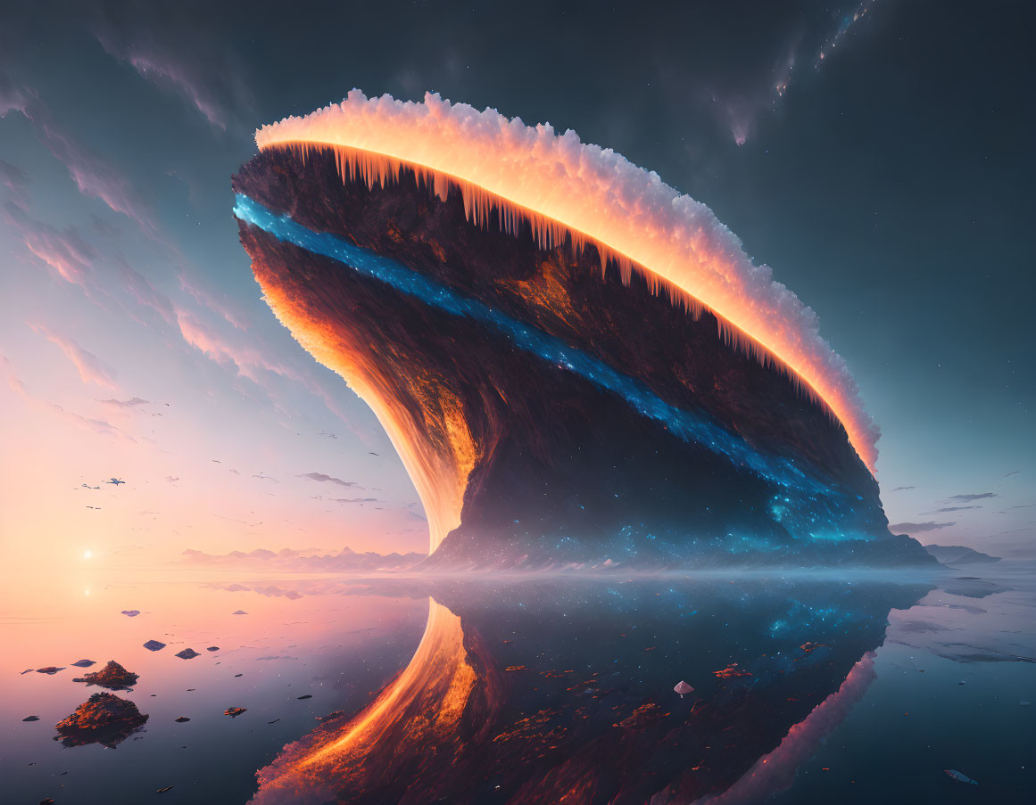 Glowing blue curved landmass in surreal oceanic landscape