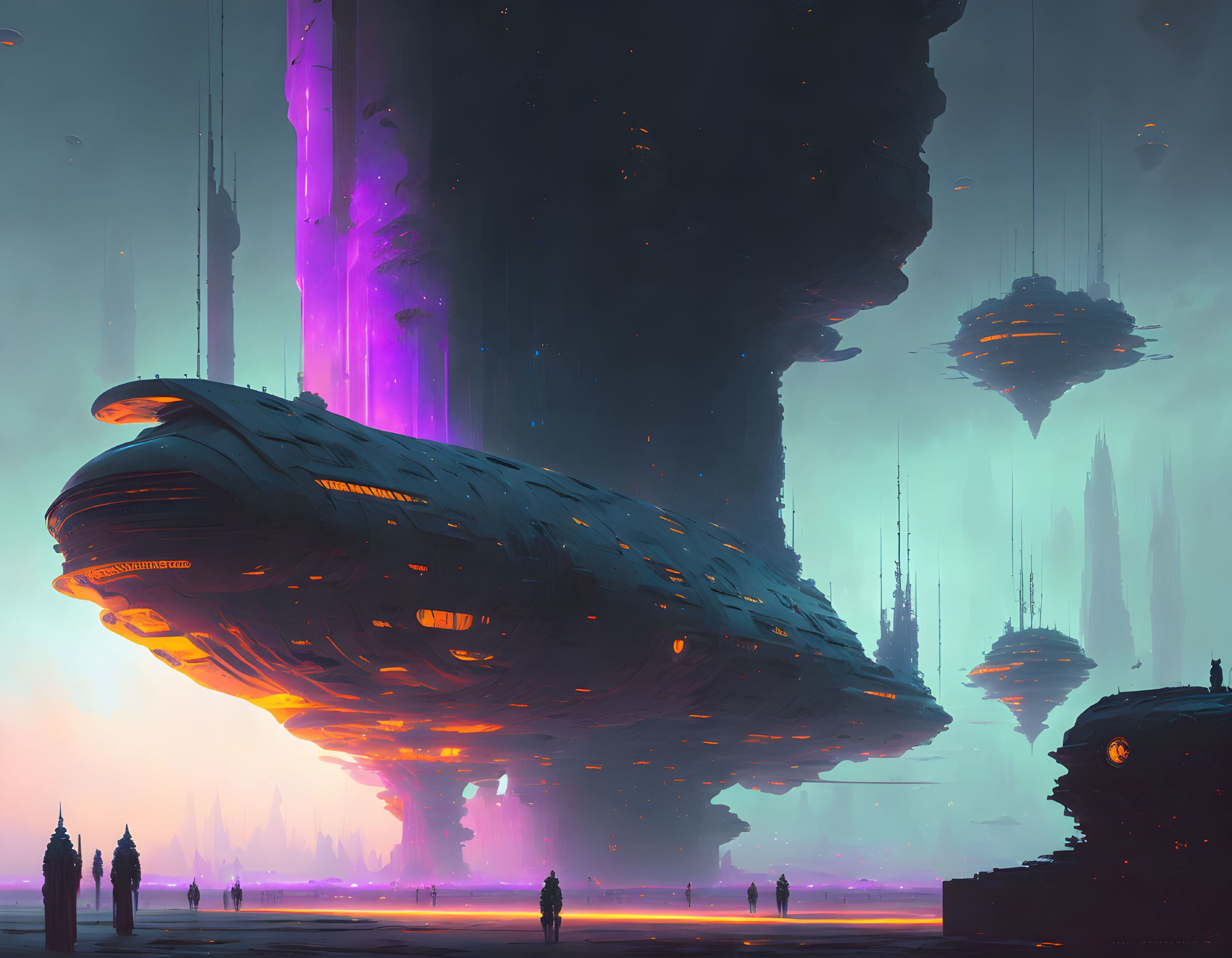 Futuristic cityscape with spaceship and silhouetted figures at twilight