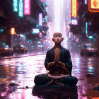 Person meditating on rain-soaked street with neon signs at dusk