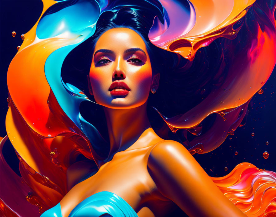 Surreal Image: Woman with Flawless Complexion and Vibrant Swirling Colors