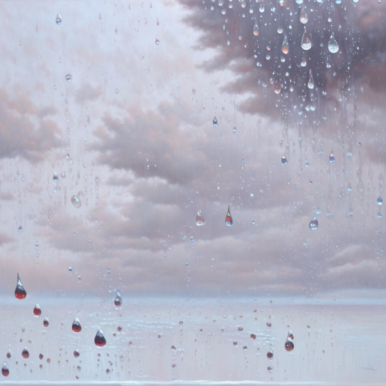 Tranquil seascape with clouds reflected in raindrop-splattered glass