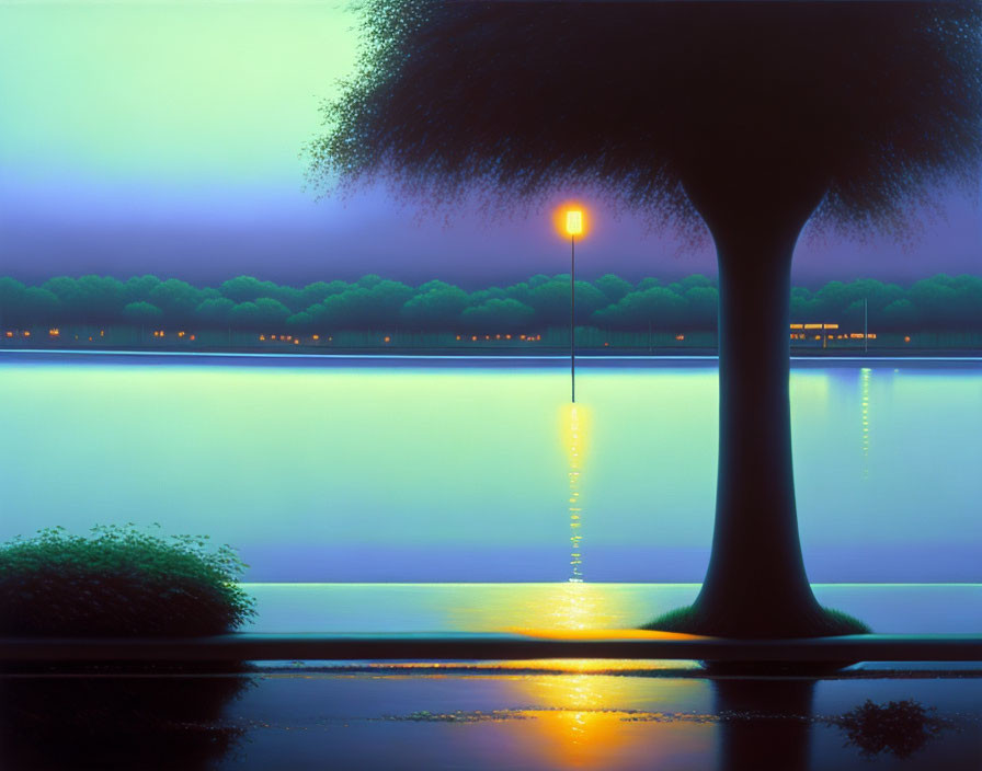 Nighttime lake landscape with street lamp, tree, and bushes