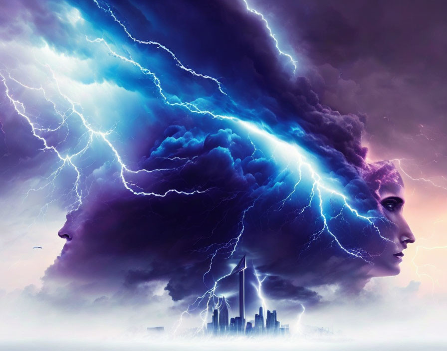 Digital artwork: Stormy sky, lightning bolts, human silhouettes, city skyline.