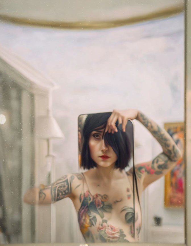 Tattooed person with short dark hair gazes into hazy mirror in softly lit room