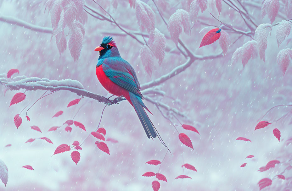 Colorful Bird on Snowy Branch with Falling Snowflakes