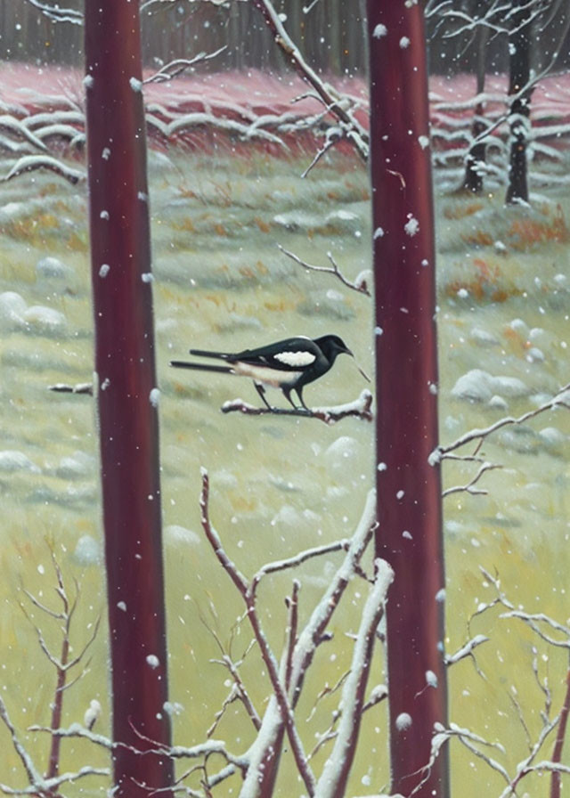 Magpie on Snowy Branch with Red-Brown Tree Trunks