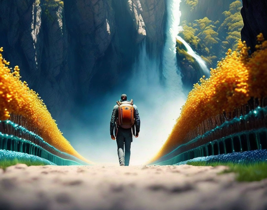 Person walking to waterfall between cliffs with yellow trees.