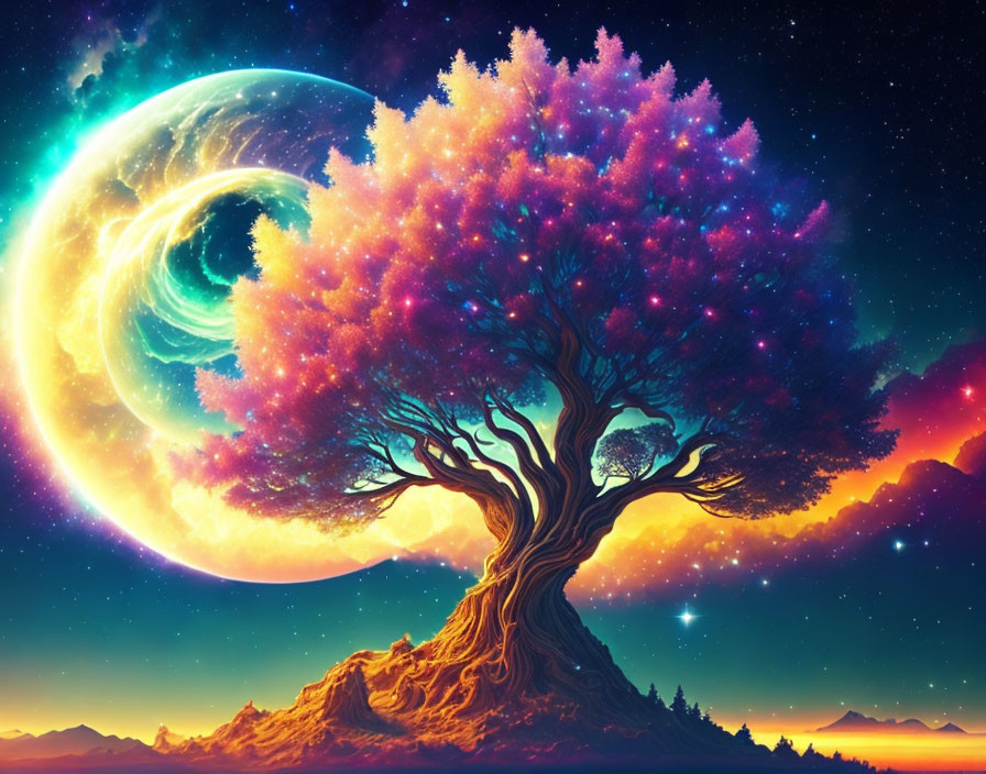 Digital art: Majestic tree with cosmic foliage under large moon and swirling galaxy