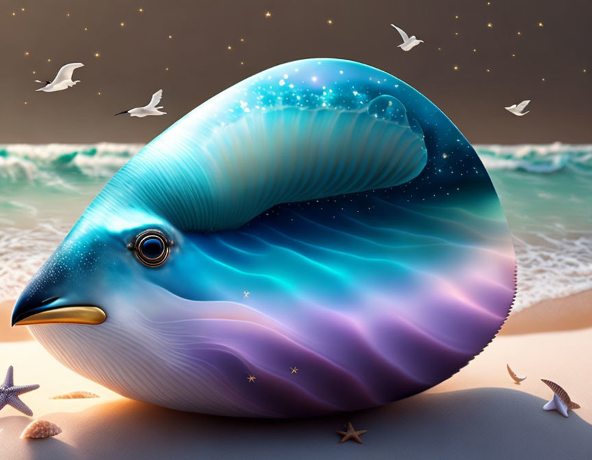 Celestial whale artwork with starry night sky texture, beach setting, seagulls, and star