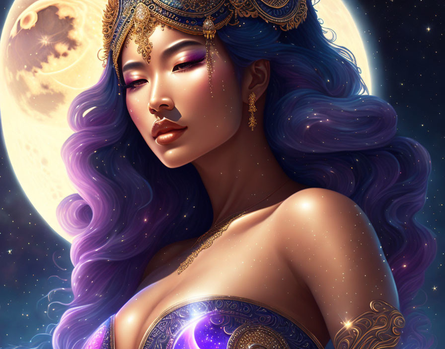 Illustrated portrait of woman with purple hair in gold jewelry under starry night sky