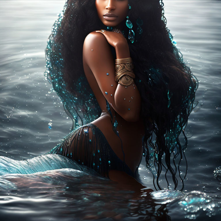 Digital artwork: Dark-skinned woman with long curly hair and blue jewels, submerged in mystical water scene