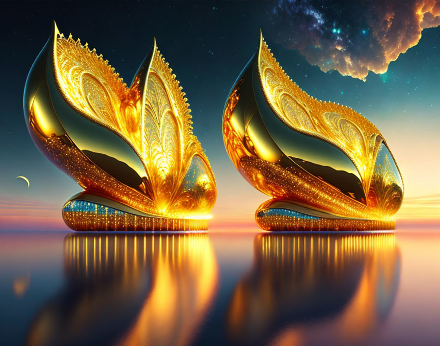 Golden shoe-shaped structures with intricate designs reflected on water at sunset.