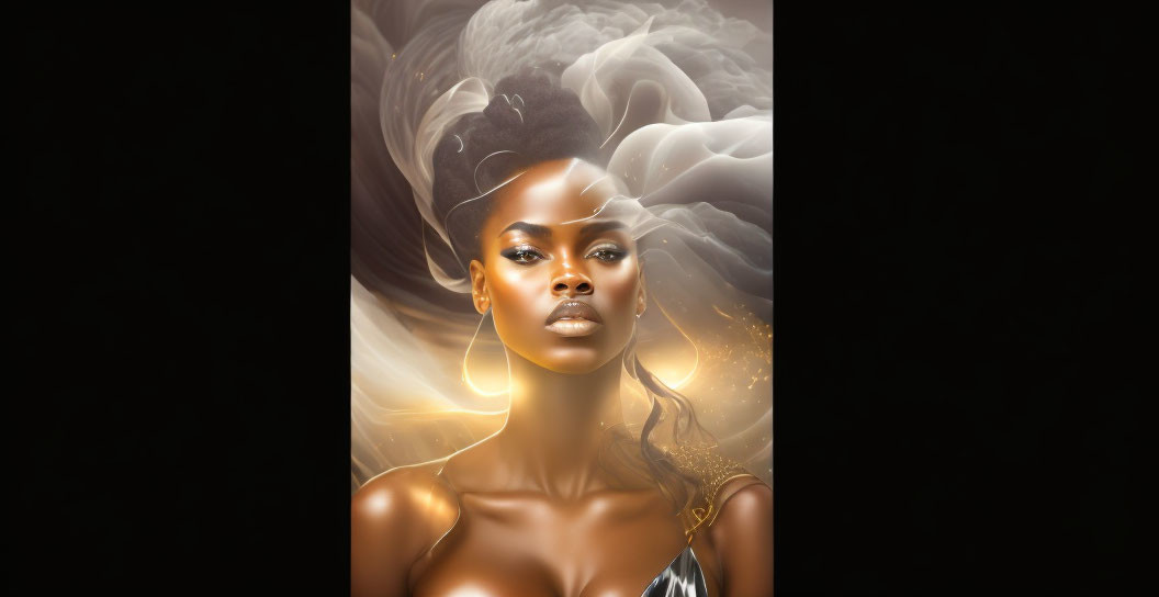 Digital artwork of woman with glowing edges, regal pose, intricate hair design surrounded by swirling smoke on