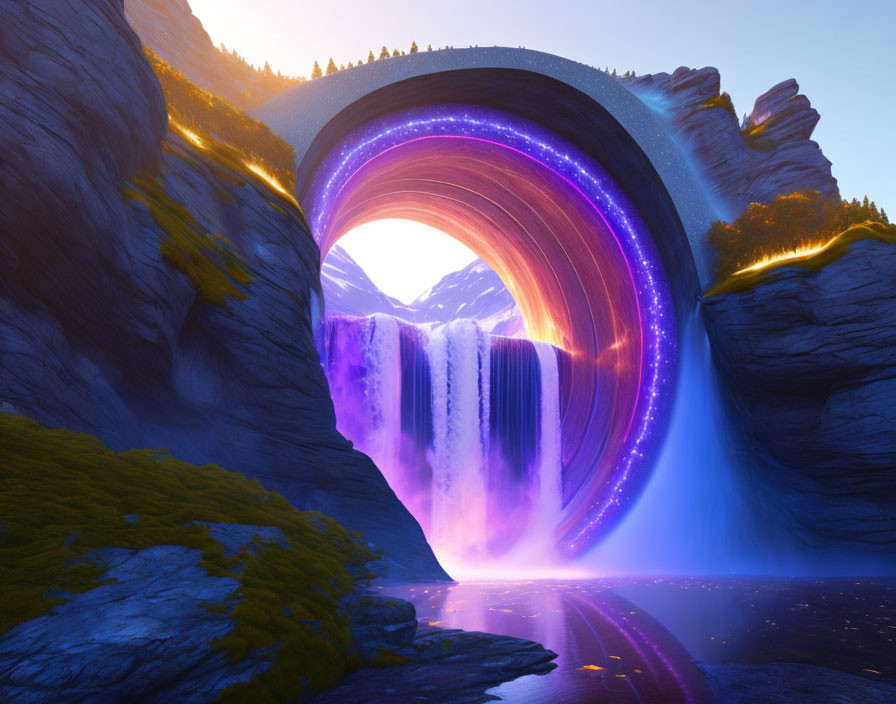 Digital artwork: Circular portal over waterfall on rocky cliffs at sunset