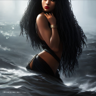 Digital artwork: Dark-skinned woman with long curly hair and blue jewels, submerged in mystical water scene
