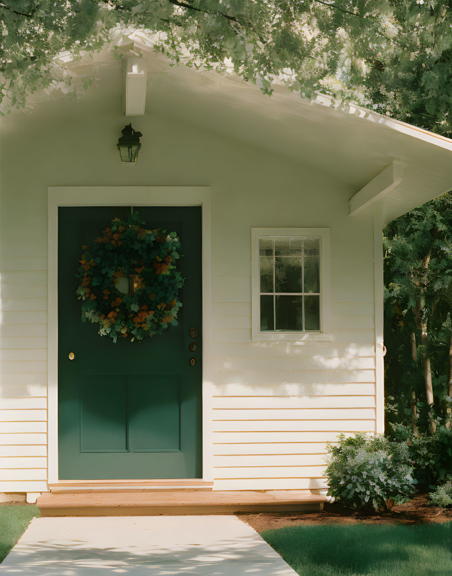 Teal Door Home Entrance with Seasonal Wreath and Greenery