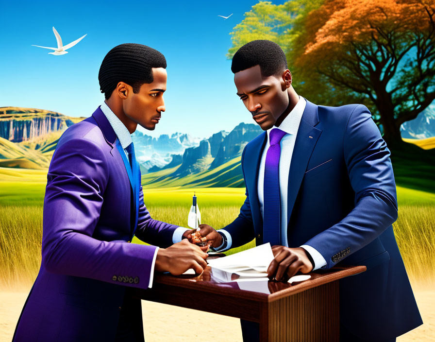Two men in suits signing document in colorful outdoor scene.