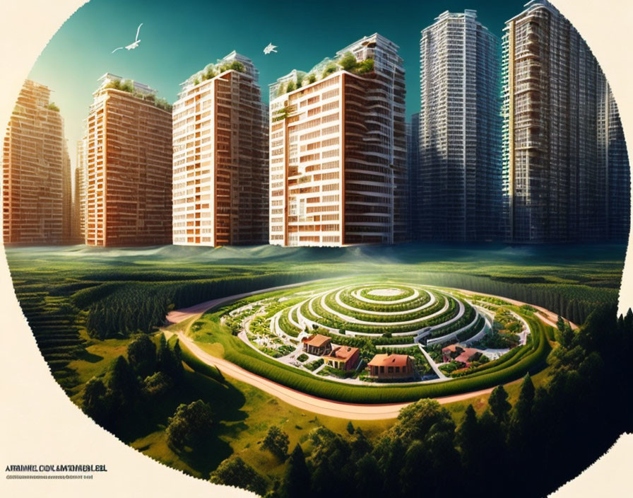 Futuristic cityscape with spiral garden, high-rise buildings, and birds in clear sky