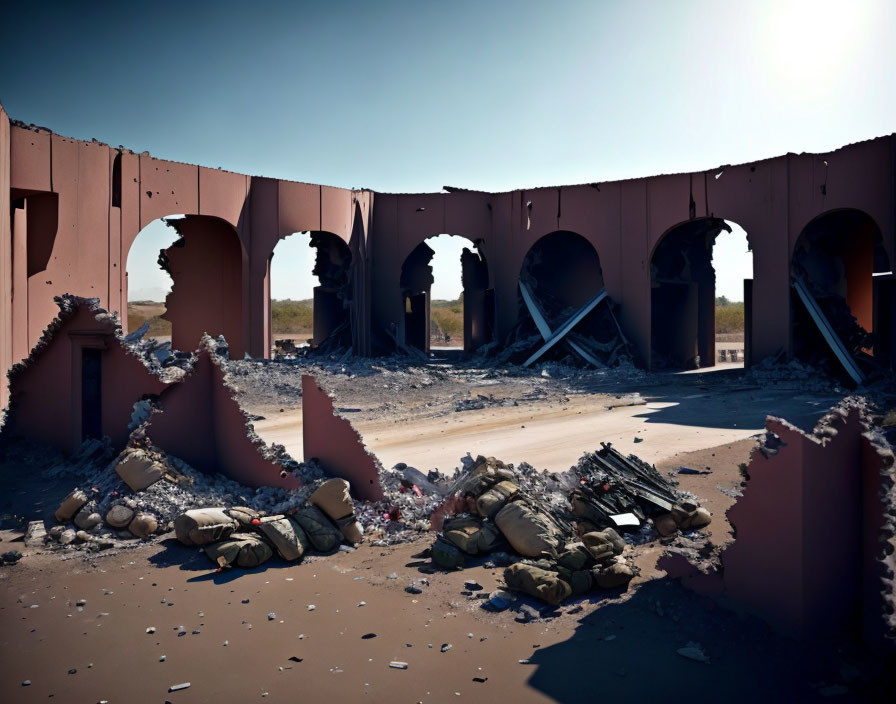 Collapsed building with archways and debris under blue sky