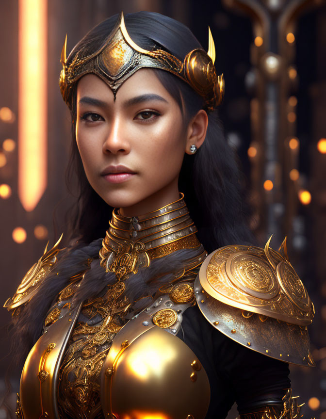 Woman in ornate golden armor and helmet in glowing background