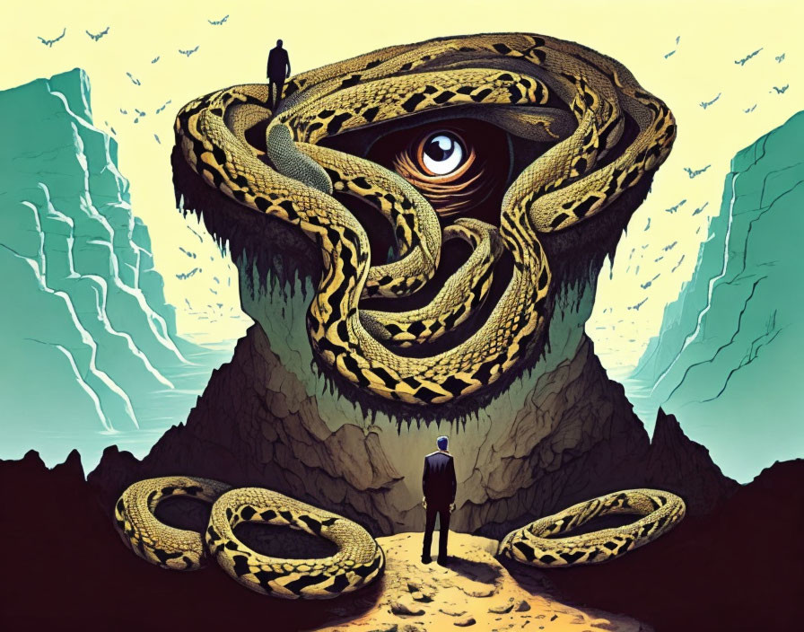 Surreal illustration of giant snake with human eye encircling cliff.