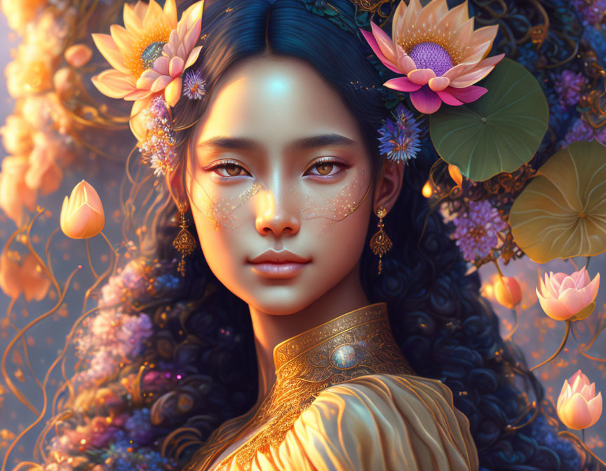 Ethereal portrait of a woman with vibrant flowers and gold jewelry surrounded by lotus blossoms.