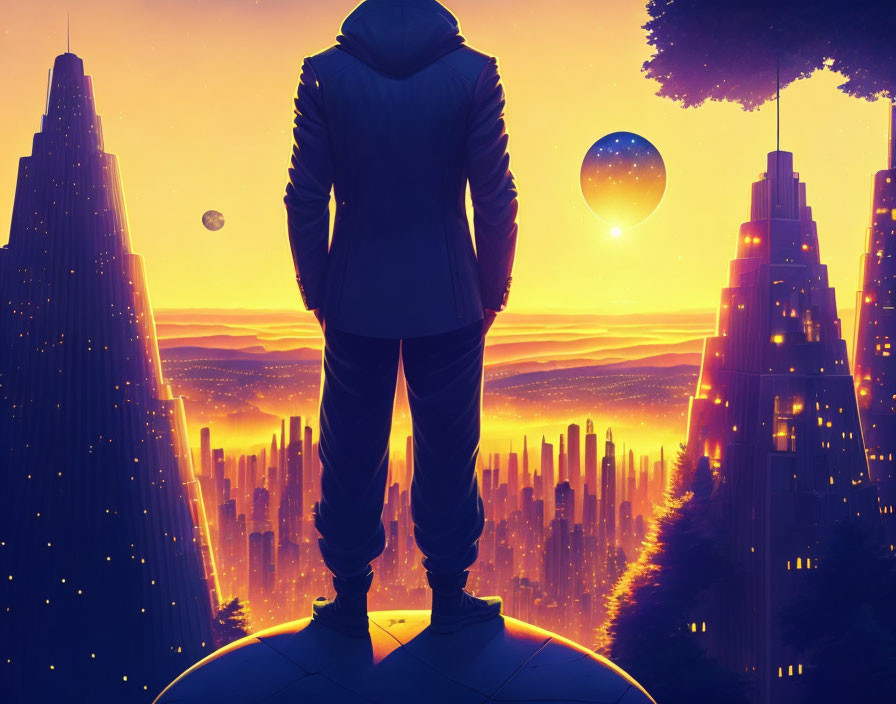 Silhouette of person on structure against futuristic cityscape at sunset