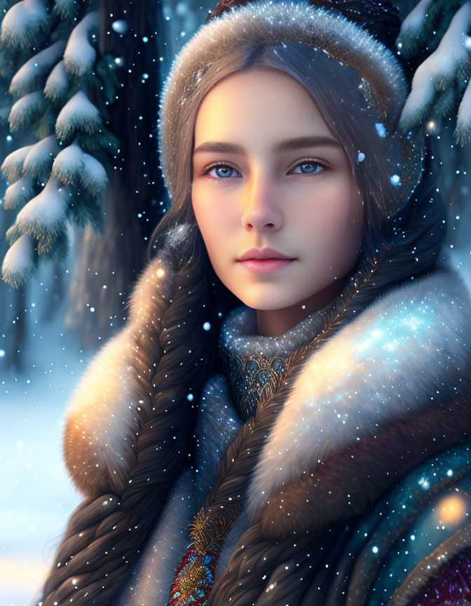 Digital art portrait of woman with braided hair in fur hood and coat with falling snowflakes.