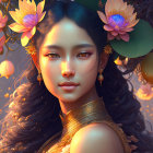 Ethereal portrait of a woman with vibrant flowers and gold jewelry surrounded by lotus blossoms.