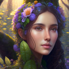 Woman with floral crown in mystical forest setting illuminated by soft light