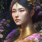 Digital portrait of woman with delicate features and golden jewelry amidst lush violet flowers