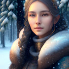 Digital art portrait of woman with braided hair in fur hood and coat with falling snowflakes.