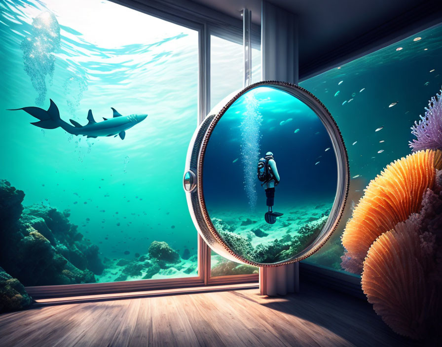 Spacious room with large circular underwater window view.