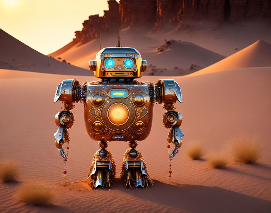 Futuristic robot with gold and blue details in desert at sunrise/sunset