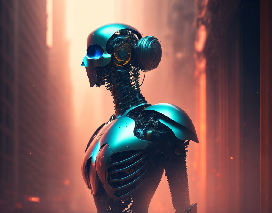 Futuristic blue and black robot in contemplation amid glowing orange cityscape