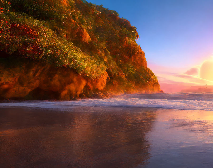Vibrant sunset scene: seaside cliff, greenery, flowers, gentle waves.