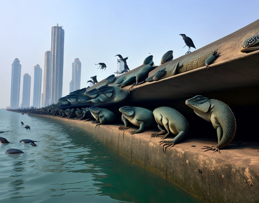 CGI-rendered monitor lizards on concrete ledge with skyscrapers and real crows.
