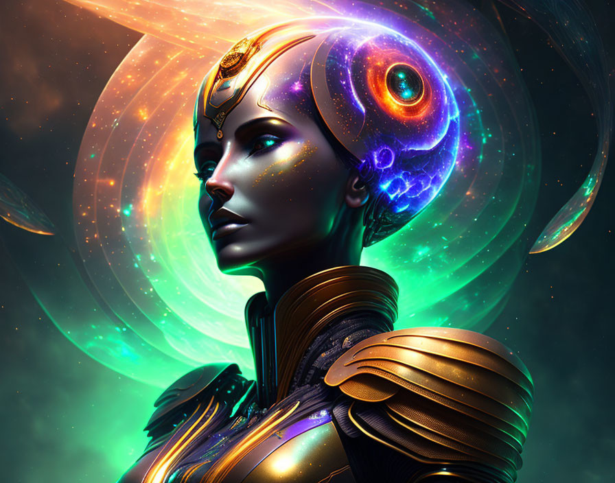 Futuristic female figure with cosmic headpiece and armor in starry backdrop