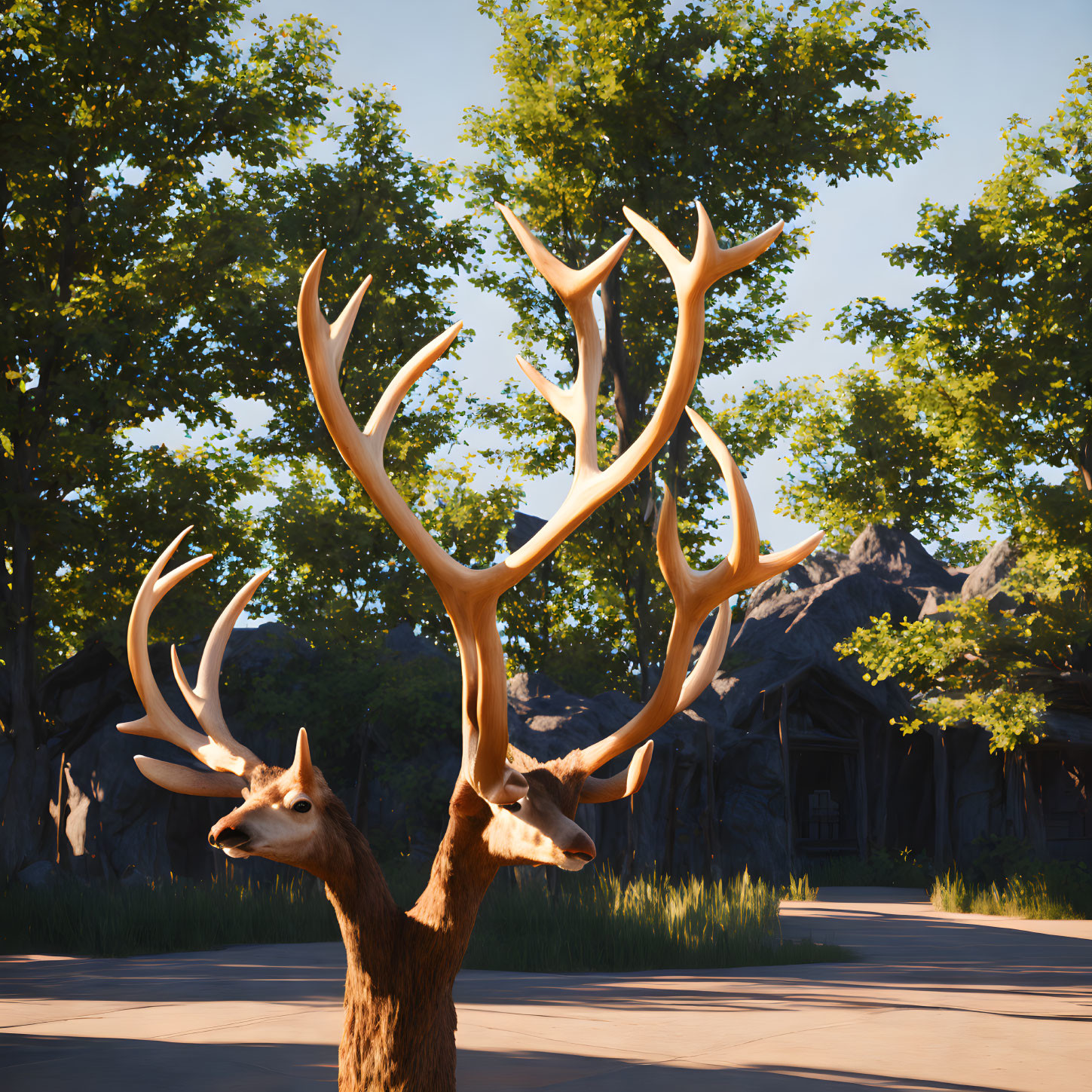 Majestic stags with towering antlers in lush forest setting