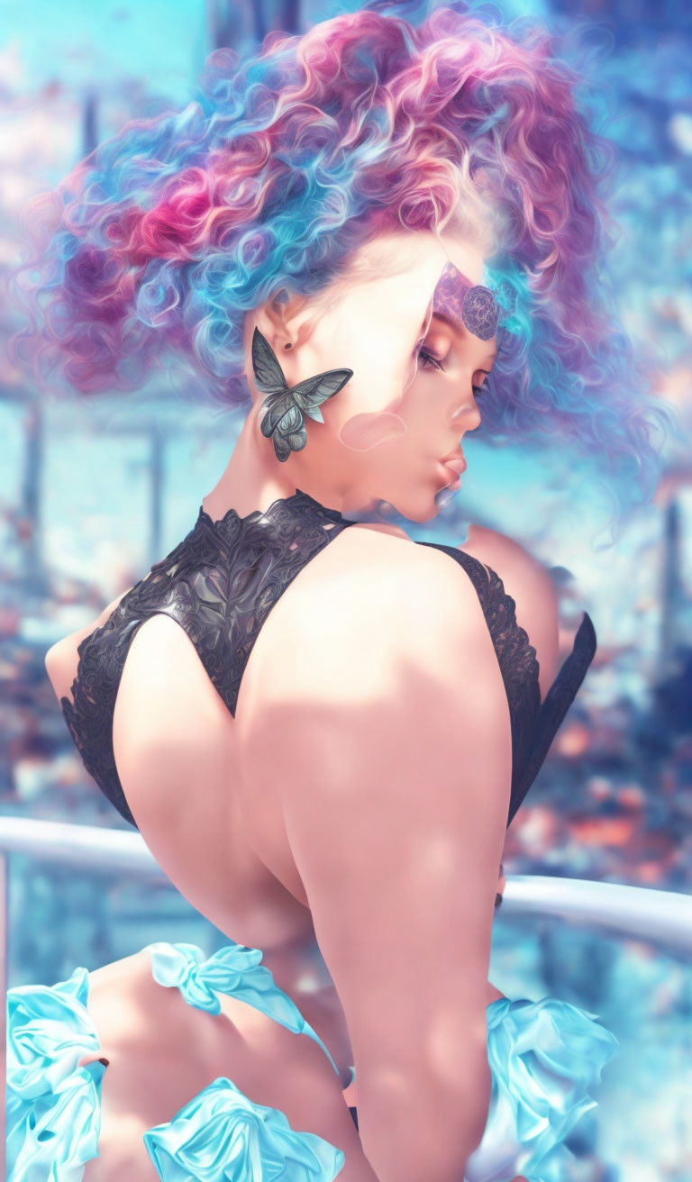Multicolored curly hair and lace attire person with butterfly on shoulder.