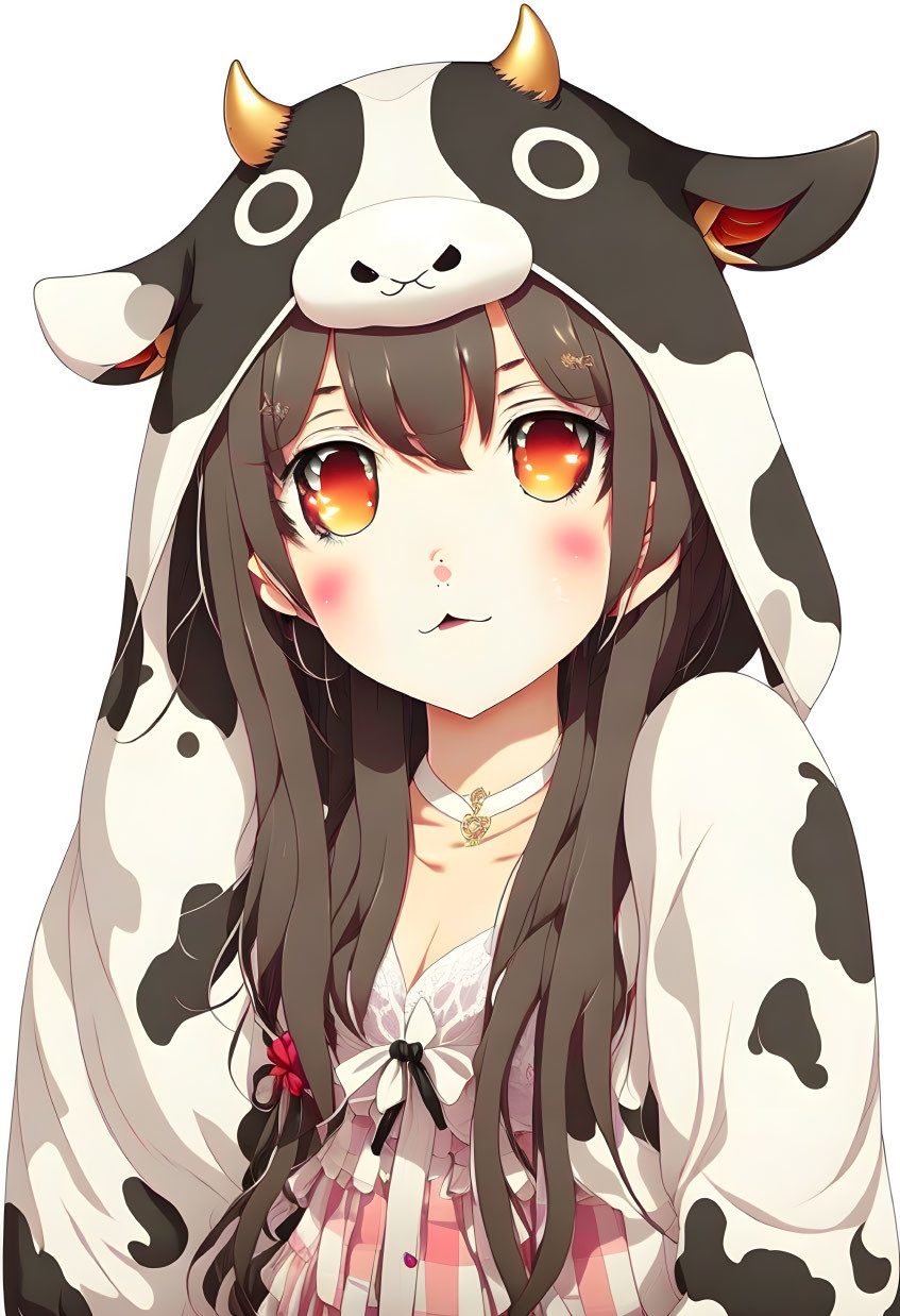 Long-haired anime girl in cow-themed hoodie with horns, golden eyes, and pendant necklace